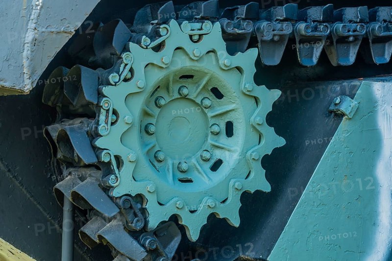Closeup of tracks and sprocket wheel on LVT3C amphibious armored personnel carrier