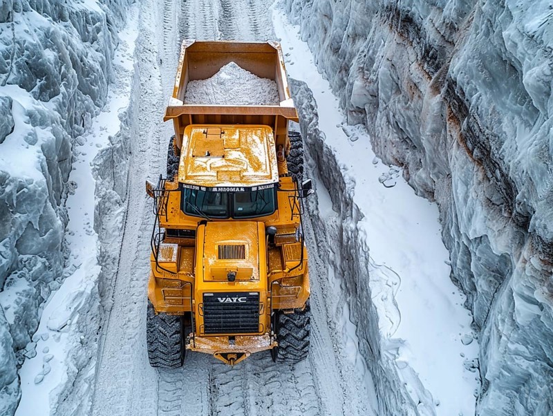 Lithium mining in a white salt lake in South America, AI generated