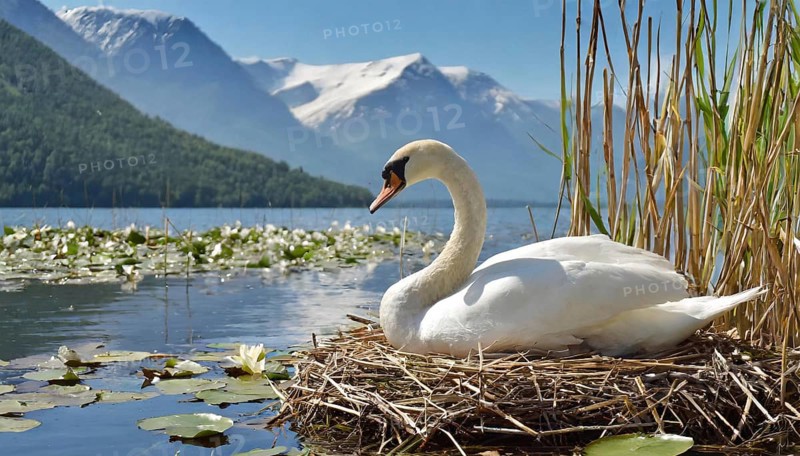 Ai generated, animal, animals, bird, birds, biotope, habitat, a, individual, water, reed, water lilies, blue sky, foraging, wildlife, white, white swan, swans, mute swan (Cygnus olor), summer, seasons, sideways