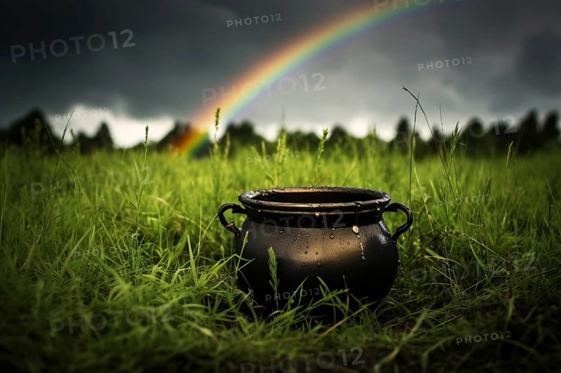 St. Patrick's day pot of gold on meadow with rainbow in background. KI generiert, generiert AI generated