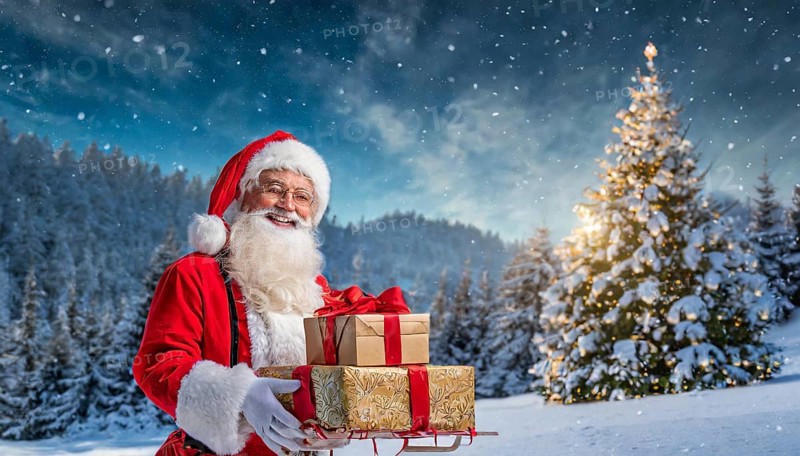 AI generated, man, 70+, Father Christmas, red coat, backpack, full beard, winter, snow, ice, fir trees, snowy, snowflakes, winter landscape, Christmas hat, costume, clothes, colourful, colourful presents, packages, nice teeth, smiles, friendly, Christmas, evening, night shot, winter forest