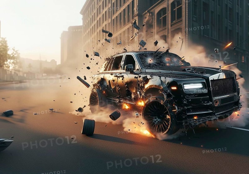 A british luxury SUV full of big caliber bullet holes is airborne amidst a chaotic scene of flying debris on a city street, being targeted and attacked, with parts exploding around it, ai generated, AI generated