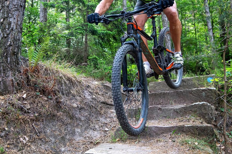 Mountain biker riding steps on a single trail near Weinbiet in the Palatinate Forest, Germany, Europe