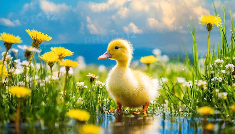 KI generated, animal, animals, bird, birds, biotope, habitat, one, single animal, foraging, wildlife, duck, ducks, domestic duck, female, (Anas platyrhynchos) white, white, yellow ducklings, young animals, animal children, two, three, four, white duck mother with yellow chicks, excursion, water, meadow, grass, spring, summer, flowers, pond, swimming, sitting, farm animal, domestic animal
