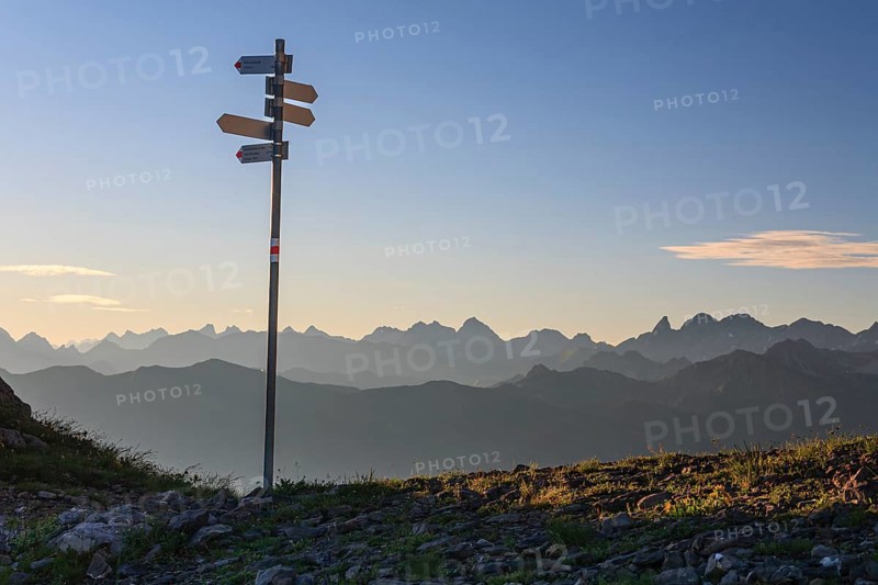 Signpost in front of mountains, hiking trail, summer, morning light, Hoher Ifen, Allgaeu Alps, Allgaeu, Germany, Europe