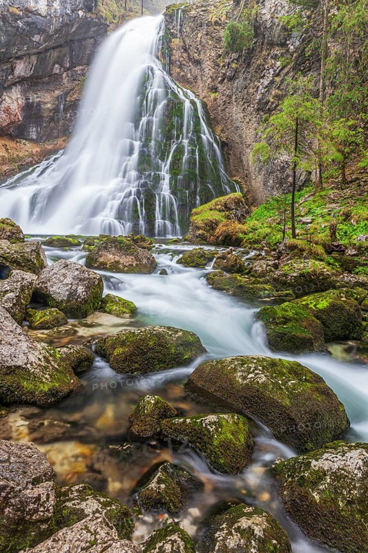 Waterfall and river, forest, gorge, summer, mountain landscape, long exposure, Gollinger waterfall, Salzburg, Austria, Europe
