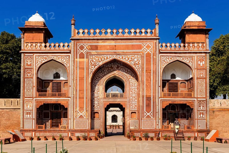 Gate at Itimad-ud-Daulah, better known as the Baby Taj, Agra, India, blue sky, art, pattern, Asia