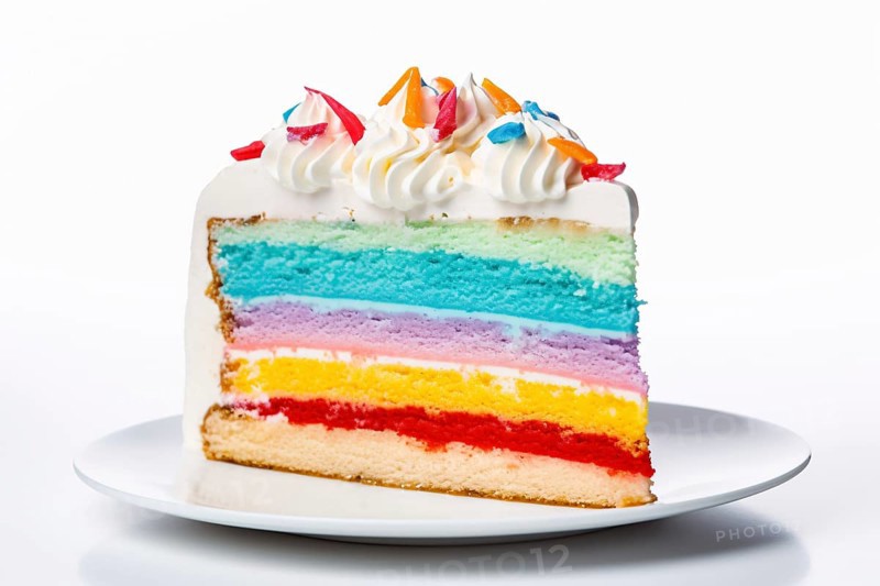Rainbow colored layered slice of cake on plate. KI generiert, generiert AI generated