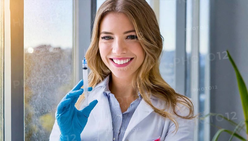 AI generated, RF, woman, woman, doctor, female doctor, 25, 30, years, attractive, attractive, doctor's office, holds a syringe in her hand, disposable syringe, flu shot, corona, pneumococcal, prevention, health, blonde, blonde, beautiful teeth, long hair