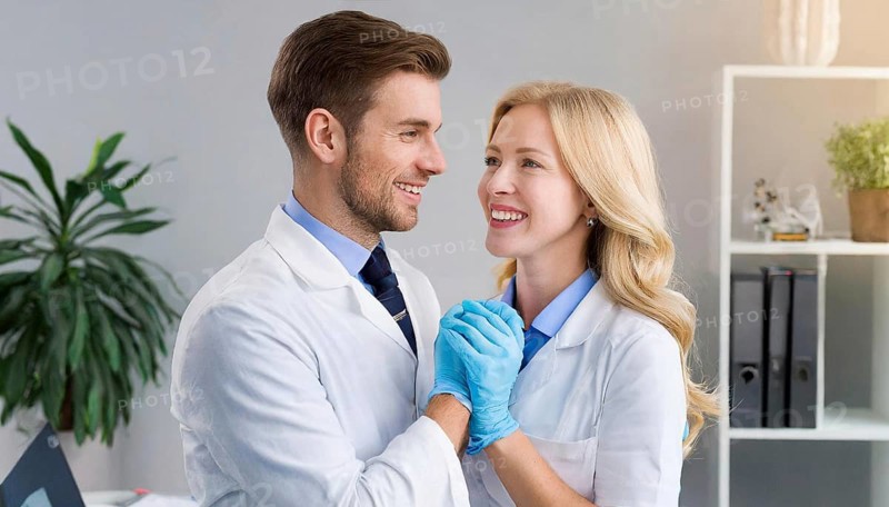 AI generated, RF, woman, woman, man, men, doctor, female doctor, two, 30-35, years, attractive, attractive, doctor's office, hold, hand, in love, love, affection, tenderness, blond, blonde, blonde, beautiful teeth, long hair, two people, lovers, bearded, AI generated