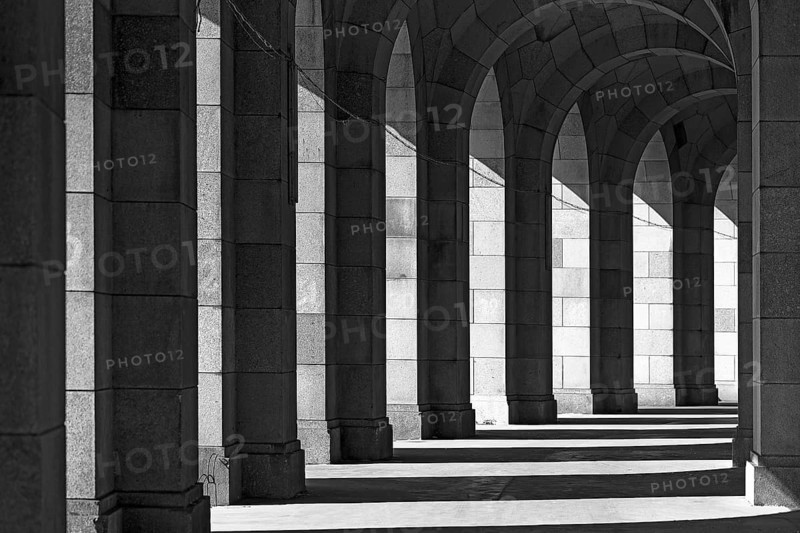Light and shadow in the arcade of the Congress Hall, unfinished monumental building of the National Socialists on the former Nazi Party Rally Grounds, 1933-1945, Nuremberg, Middle Franconia Bavaria, Germany, Europe