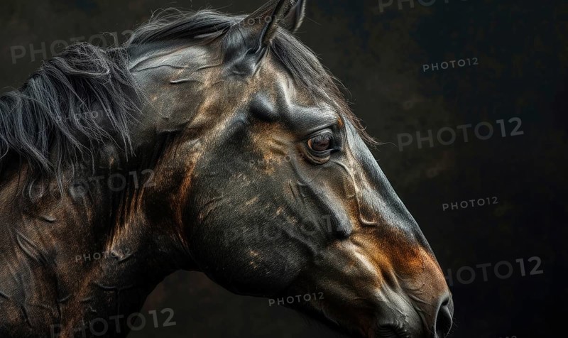 Side profile of a horse with a dark backdrop accentuating its features AI generated