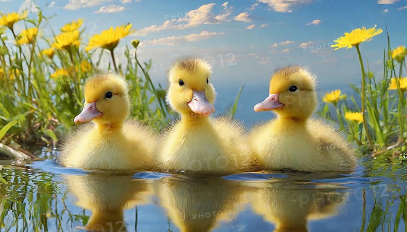 KI generated, animal, animals, bird, birds, biotope, habitat, one, single animal, foraging, wildlife, duck, ducks, domestic duck, female, (Anas platyrhynchos) white, white, yellow ducklings, young animals, animal children, two, three, four, white duck mother with yellow chicks, excursion, water, meadow, grass, spring, summer, flowers, pond, swimming, sitting, farm animal, domestic animal