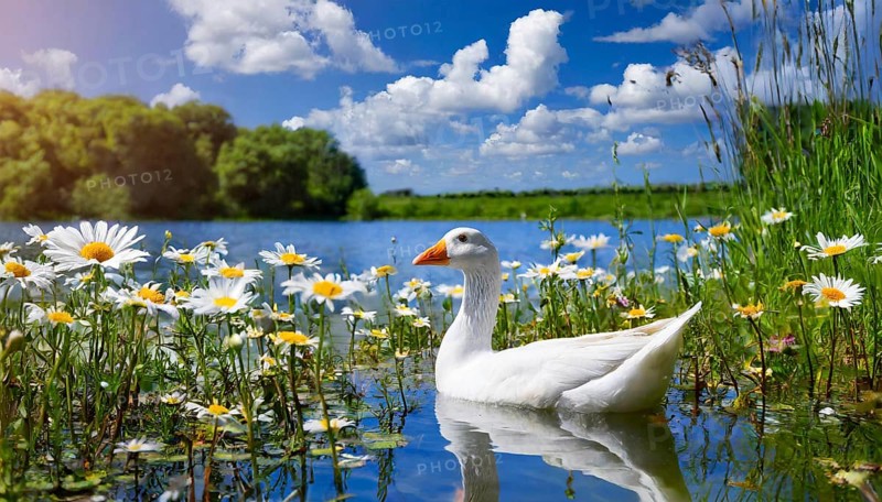 AI generated, animal, animals, bird, birds, biotope, habitat, one, individual, foraging, wildlife, goose, domestic goose, domestic geese, (Anser anser), female, gosling, gosling, yellow gosling, swim, pond, body of water, water, lie, meadow, flowers, summer, two, three, four, pet, domestic animals, farm animal, farm animals
