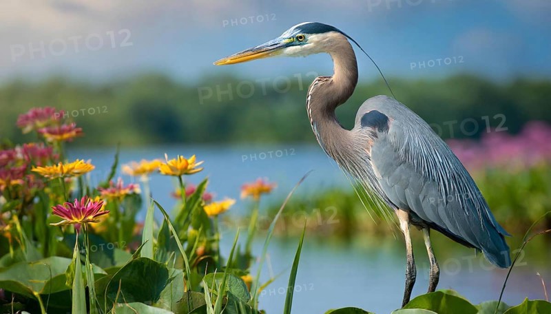 KI generated, animal, animals, bird, birds, biotope, habitat, one, individual, water, reed, winter, snow, blue sky, foraging, wildlife, seasons, heron, little blue heron (Egretta caerulea), Florida, Mexico, Central America