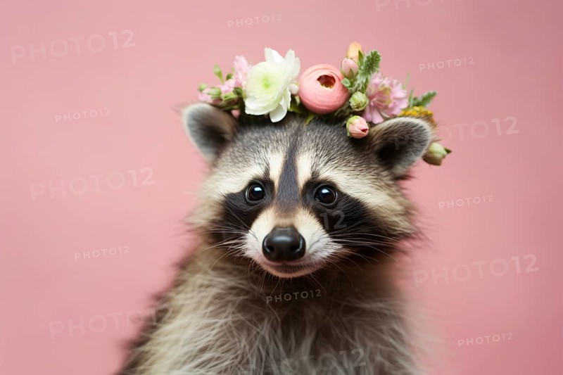 Racoon with flowers on head on pink background. KI generiert, generiert AI generated