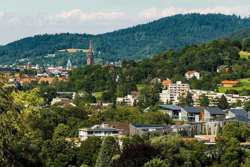 City view, in the foreground the Vauban neighbourhood, Freiburg im Breisgau, Black Forest, Baden-Wuerttemberg, Germany, Europe