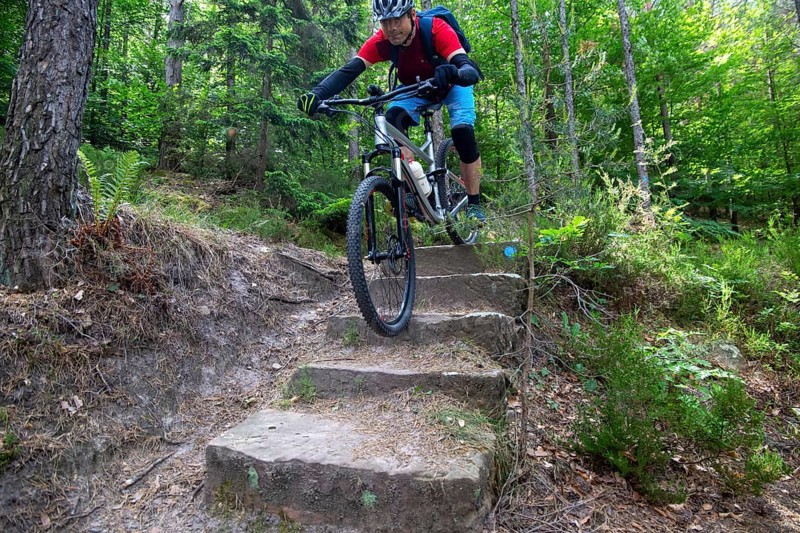 Mountain biker riding steps on a single trail near Weinbiet in the Palatinate Forest, Germany, Europe