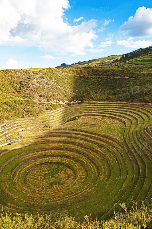 Terraces in the Inca complex Moray in Valle Sagrado, Maras, Cusco region, Peru, South America