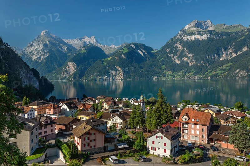 Sisikon on Lake Lucerne with view of Uri Rotstock and Gitschen, Canton Uri, Switzerland, Sisikon, Lake Lucerne, Uri, Switzerland, Europe