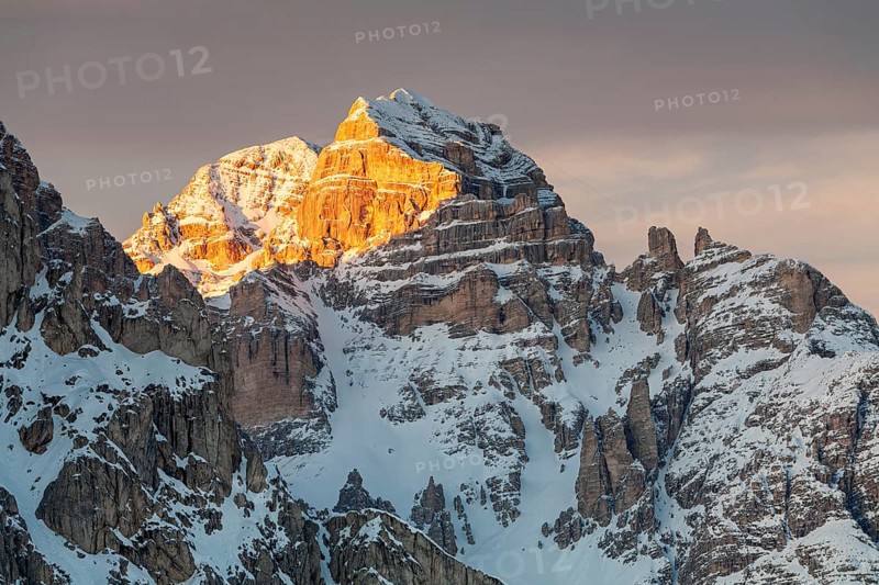 Mountain peak at sunrise, winter, snow, Tofana, Dolomites, Belluno, Italy, Europe