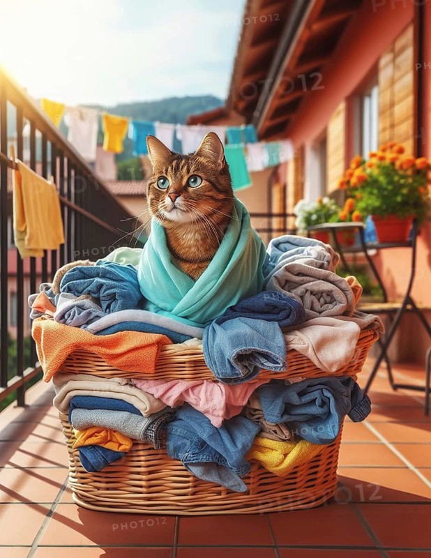 A real cat sits cozily among towels in a laundry basket on a balcony, AI generated
