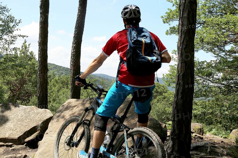 Mountain biker enjoys the view of the Rhine plain above Neustadt an der Weinstrasse
