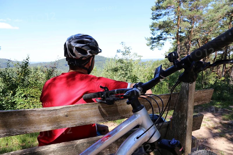 Symbolic image: Mountain biker enjoying the view of the Palatinate Forest near the Kalmit