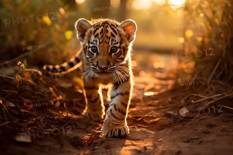 Baby tiger cub walking in jungle forest with confidence during the golden hour, AI generated