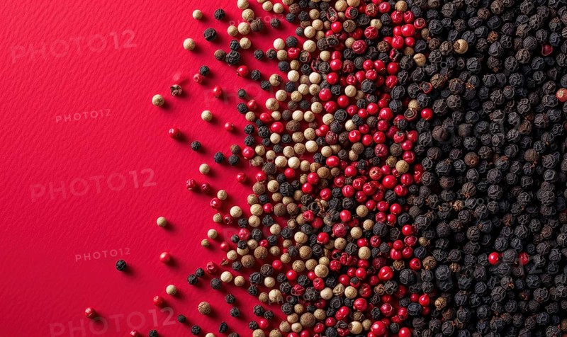 Top view of pink and black pepper peppercorns on pink background AI generated