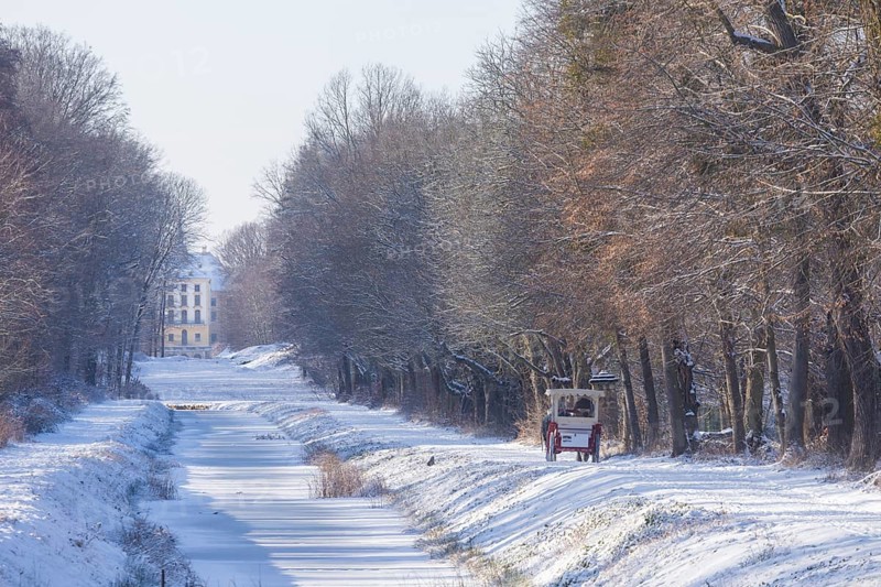 Carriage ride along the canal between the hunting lodge and the Fasanenschloesschen, Moritzburg, Saxony, Germany, Europe