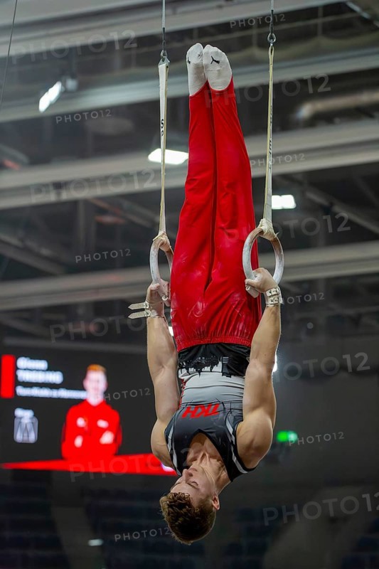 Heidelberg, 9 September 2023: Men's World Championship qualification in conjunction with a national competition against Israel. Glenn Trebing during his routine on the rings