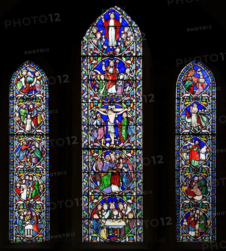 Stained glass window principal events of the life of Jesus Christ by William Wailes dated 1860, Bishops Cannings church, Wiltshire, England, UK