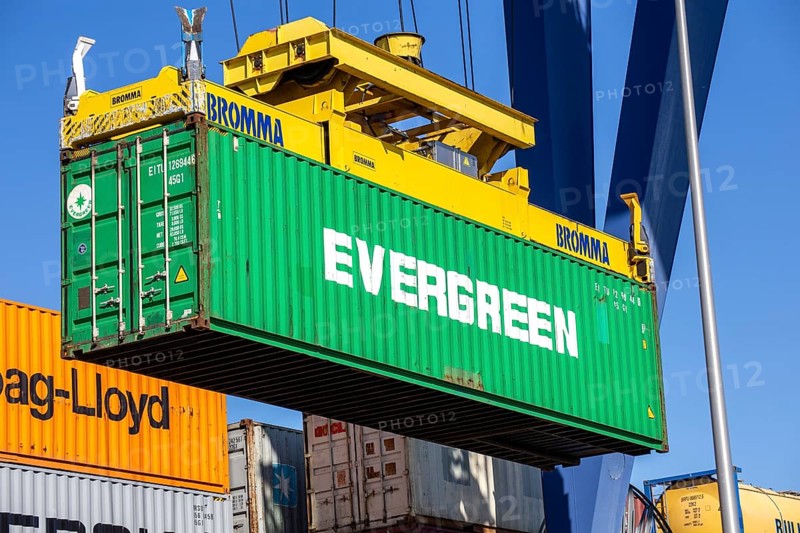 An Evergreen Line container is loaded in the port of Mannheim, Germany. Supply bottlenecks and a sharp rise in container prices are currently affecting global trade
