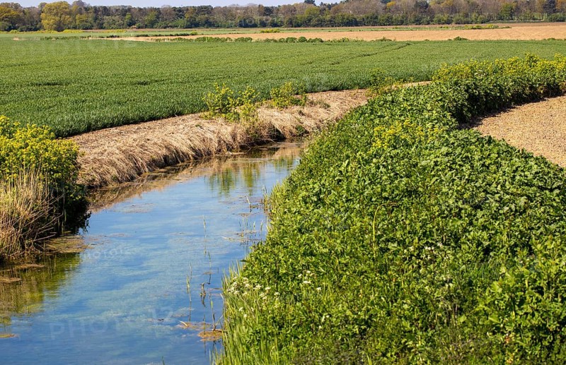 Water in drainage ditch channel through arable farmland, Hollesley, Suffolk, England, UK