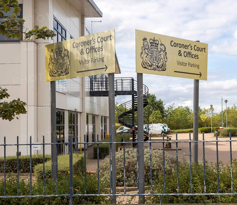 Signs for Coroner's Court and offices, Whitehouse industrial estate, Ipswich, England, United Kingdom, Europe