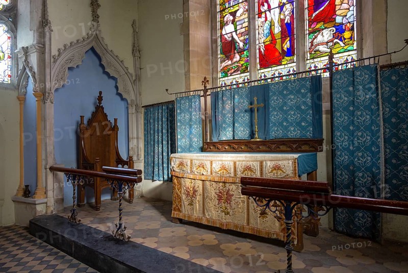 Historic interior of Washbrook church, Suffolk, England, UK altar and Easter Sepulchre