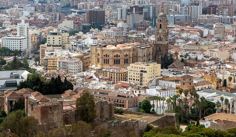 Cityscape view go high density buildings in city centre of Malaga, Spain including the cathedral church