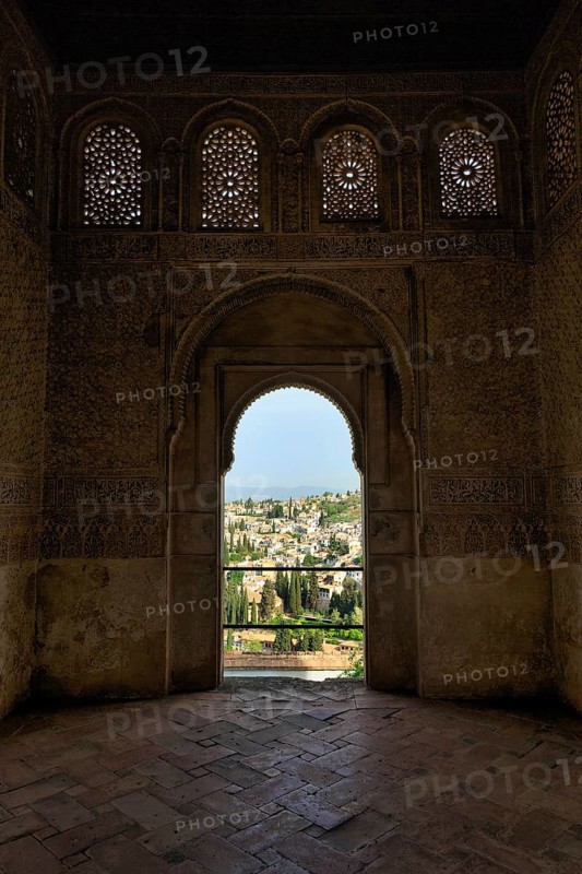 Palacio de Generalife, view through window, door with round arch, Mirador del Patio de la Acequia, oriental, Alhambra, Granada, Spain, Europe