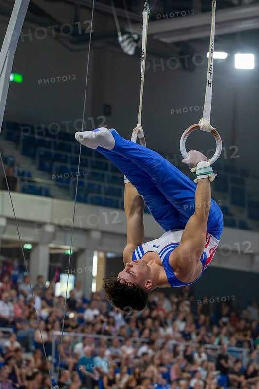 Heidelberg, 9 September 2023: Men's World Championship qualification in conjunction with a national competition against Israel. Daniel Woerz during his routine on the rings