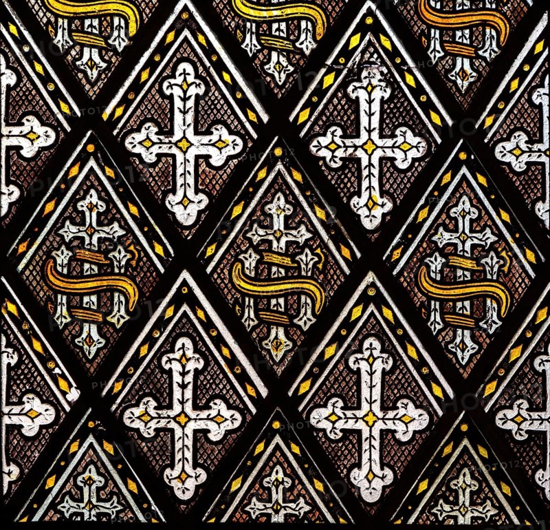 Stained glass windows 1862 ornamental IHS tracery pattern James Powell and Sons, Beechingstoke church, Wiltshire, England, UK