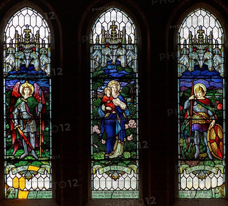 Stained glass window, Chute church, Wiltshire, England, UK Saints Michael, Mary and George