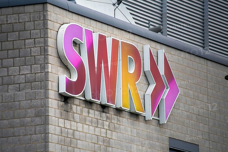 Close-up of the SWR logo on the Funkthaus at Fort Gonsenheim in Mainz