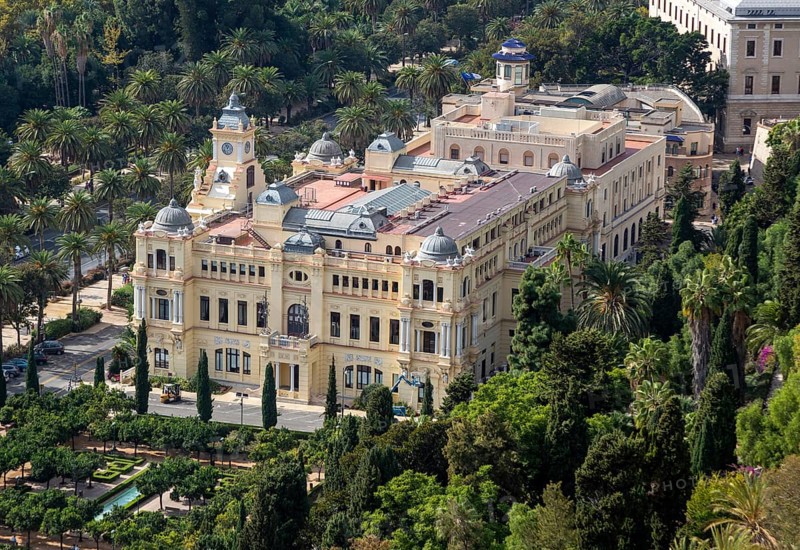 View over city hall Ayuntamiento building in city centre, Malaga, Andalusia, Spain built 1919 architect F. Guerrero Stracham