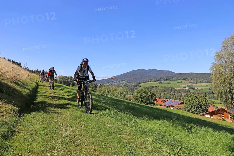 Mountain bike tour through the Bavarian Forest with the DAV Summit Club: Descent in a meadow paths towards Arrach. In the background, the summit of the Osser, a mountain on the border between Germany and the Czech Republic