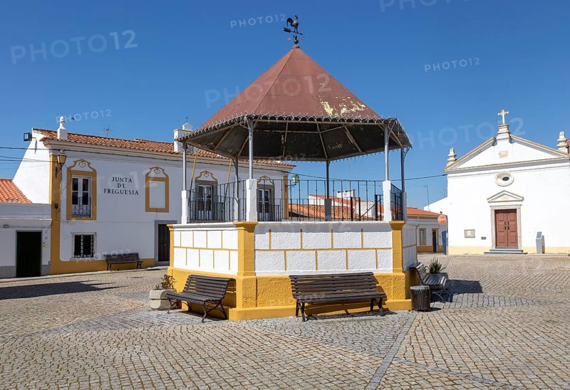 Bandstand and local government office in village square of Pavia, Alentejo, Portugal, Southern Europe, Europe