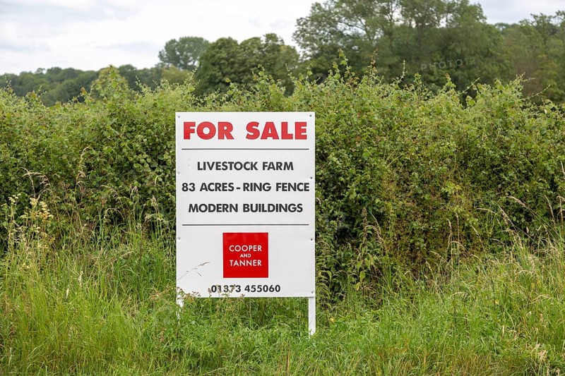 Estate agent Cooper and Tanner property for sale sign at livestock farm Compton Bassett, Wiltshire, England, UK