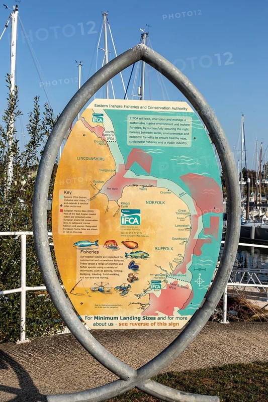 Information board map Eastern Inshore Fisheries Conservation Authority, Ipswich, England, Suffolk, UK
