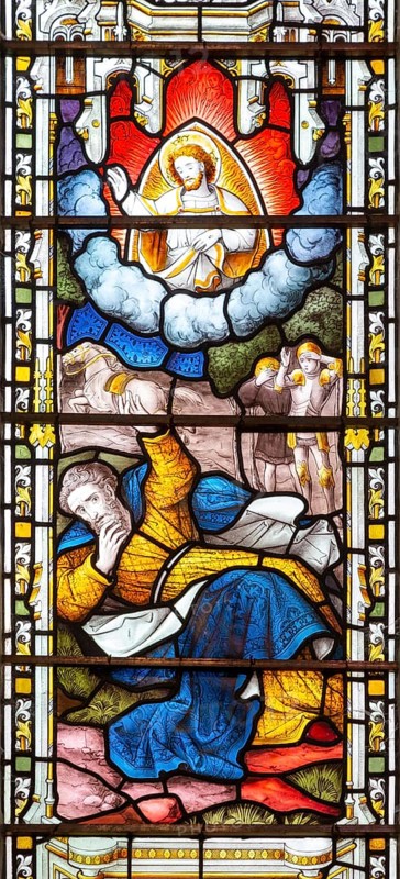Stained glass window East Bergholt church, Suffolk, England, UK, biblical scenes c 1865 by Lavers, Barraud and Westlake