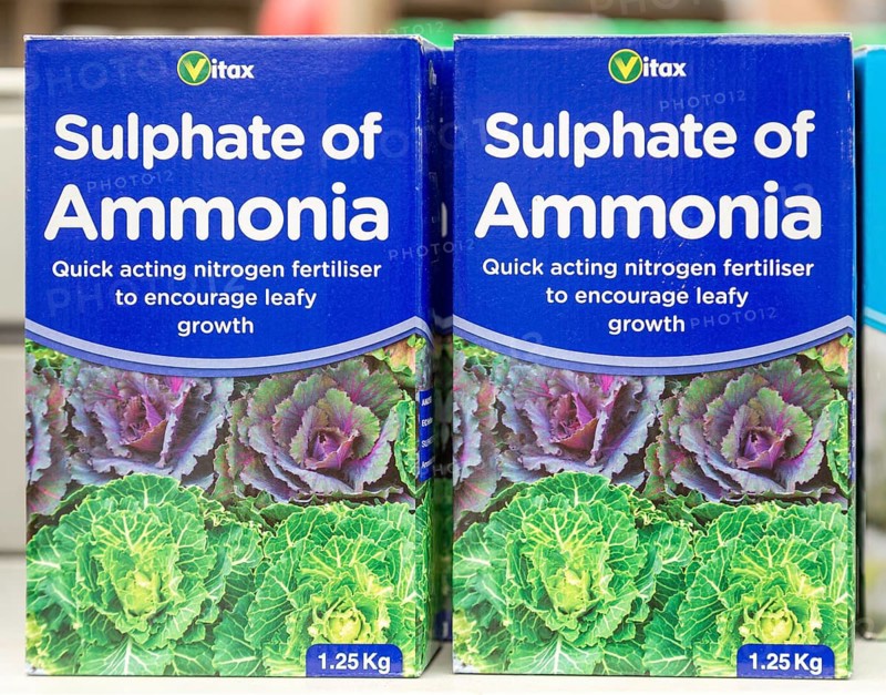 Cardboard boxes of Vitax Sulphate of Ammonia on shelf display in garden centre, UK
